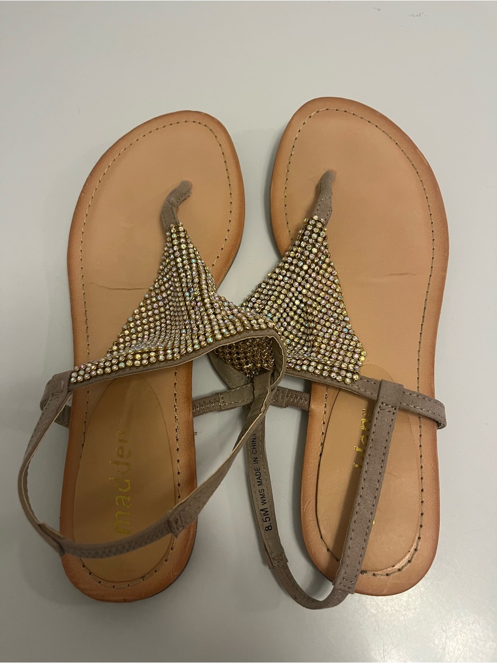 Madden Girl Taupe Jeweled T-Strap Sandals